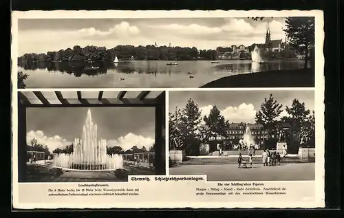 AK Chemnitz, Schlossteichparkanlagen, der Leuchtspringbrunnen, die vier Schillingschen Figuren