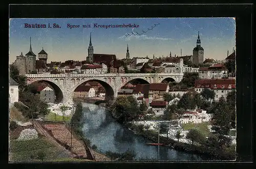 AK Bautzen i. Sa., Spree mit der Kronprinzenbrücke