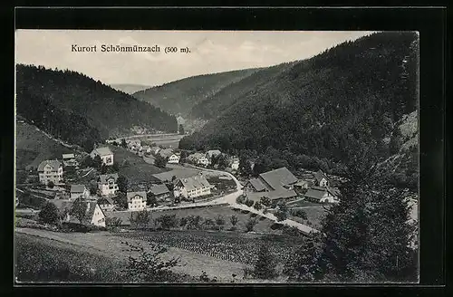 AK Schönmünzach, Talansicht mit der kleinen Ortschaft