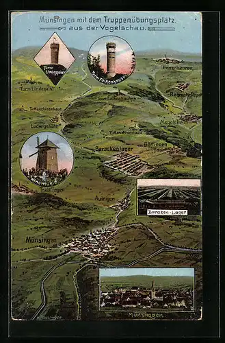 AK Münsingen, Landkarte der Stadt mit dem Truppenübungsplatz aus der Vogelschau, Turm Lindequist, Barackenlager