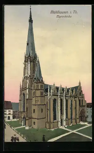 AK Mühlhausen i. Thür., Passanten vor der Marienkirche