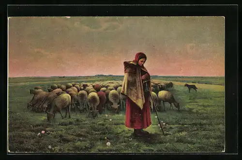 Künstler-AK Stengel & Co. Nr. 29966: Die Schäferin mit ihrer Herde
