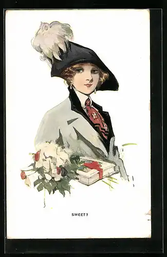 Künstler-AK Dame mit Blumen, Geschenkbox und einem Hut