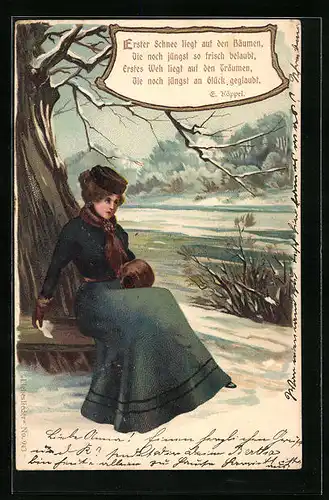 Lithographie Dame im Wintermantel auf einer Bank mit Hut in einer Winterlandschaft