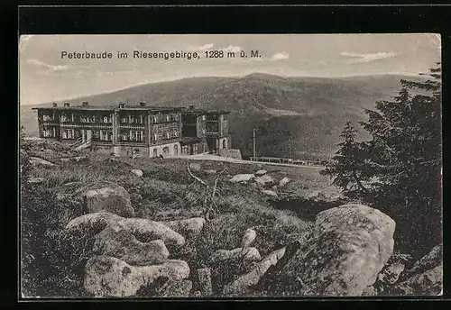 AK Peterbaude im Riesengebirge, Ansicht von den Felsen aus