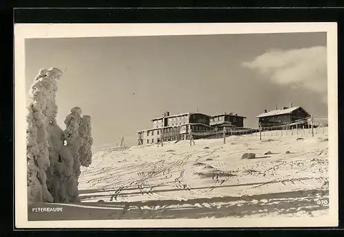 AK Peterbaude im Riesengebirge, Blick hinauf in Schneelandschaft