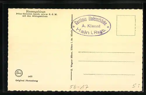 AK Prinz Heinrich-Baude im Riesengebirge, auf dem Weg zur Baude mit den Mittagssteinen