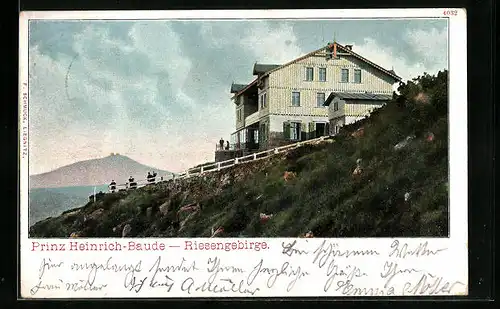 Lithographie Prinz Heinrich-Baude im Riesengebirge, Passanten auf dem Weg hinab ins Tal