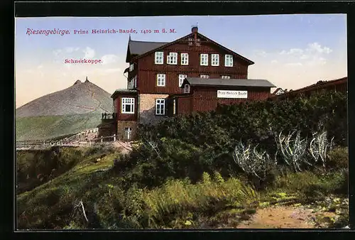AK Prinz Heinrich-Baude im Riesengebirge, Panoramaansicht mit der Schneekoppe