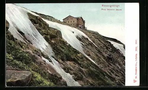 Lithographie Prinz Heinrich-Baude im Riesengebirge, am felsigen Hang unter der Baude
