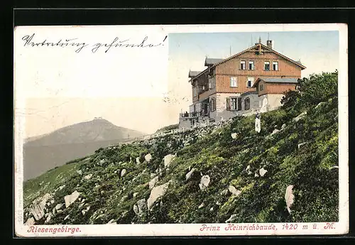 AK Prinz Heinrich-Baude im Riesengebirge, die Schneekoppe von der Baude aus gesehen