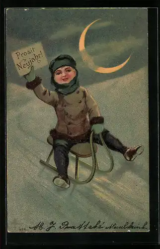 Präge-Lithographie Neujahresgruss, ein Kind bei Mondschein auf seinem Schlitten