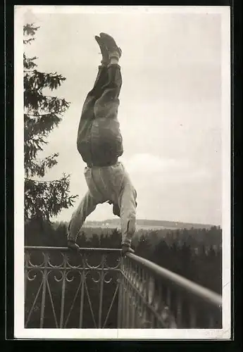 AK Im Handstand auf dem Geländer, Blick auf den Wald, turnen