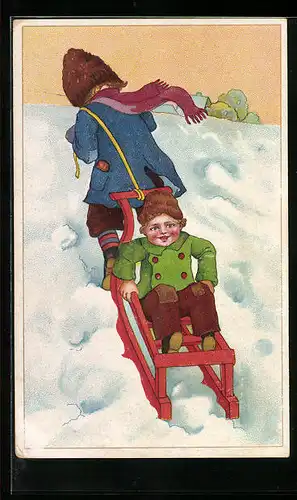 Künstler-AK die Schwester zieht ihren kleinen Bruder auf einem Schlitten den Berg hinauf