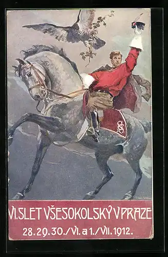 Künstler-AK VI. Slet Vsesokolsky Vpraze, Man auf seinem Pferd mit einem Raubvogel