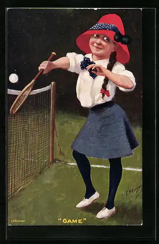 Künstler-AK Game, Mädchen mit Hut auf dem Tennisplatz