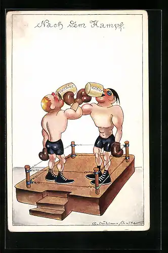 Künstler-AK Zwei Boxer trinken Vollbier im Ring, Nach dem Kampf