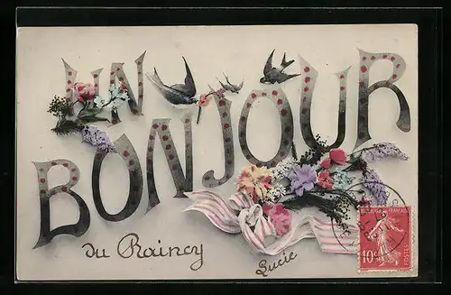 AK Raincy, Grusskarte mit Blumen und Schleife