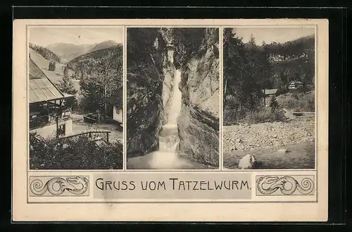 AK Oberaudorf, Gasthaus Tatzelwurm, am Wasserfall, Partie am Ufer