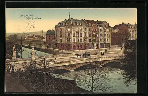 AK Bayreuth, Pferdekutsche auf der Ludwigsbrücke