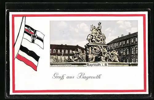 Präge-AK Bayreuth, der Monumentalbrunnen, Reichsflagge