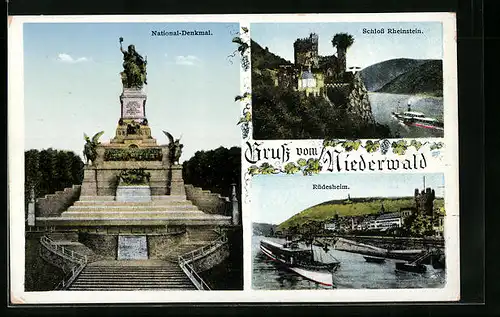 AK Rüdesheim, National-Denkmal auf dem Niederwald, Schloss Rheinstein, Stadtpanorama