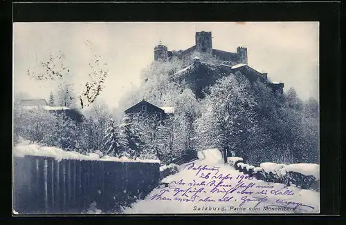 AK Salzburg, Festung mit Winterpartie vom Mönchsberg