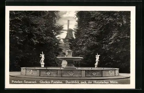 AK Potsdam, Sanssouci mit Glocken-Fontände & Durchblick nach der historischen Mühle