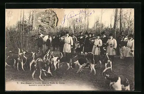 AK Dreux, Une Chasse à Courre dans la Foret, Sonnerie pour la Curée
