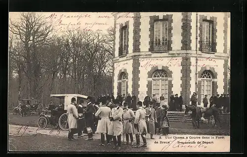 AK Dreux, Une Chasse à Courre dans la Foret, Preparatifs de Départ