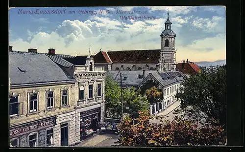 AK Maria-Enzersdorf im Gebirge, Wienerstrasse mit Wallfahrtskirche