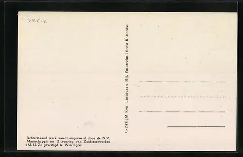 AK Zuiderzeewerken, Aanleg Wieringermeerdijk op de zandplaat Oude Zeug 1928