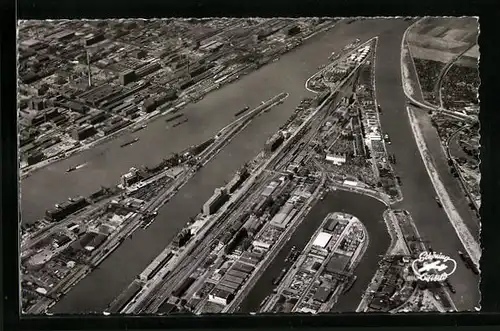 AK Mannheim, Zusammenfluss von Rhein und Neckar mit Hafenanlagen, Fliegeraufnahme