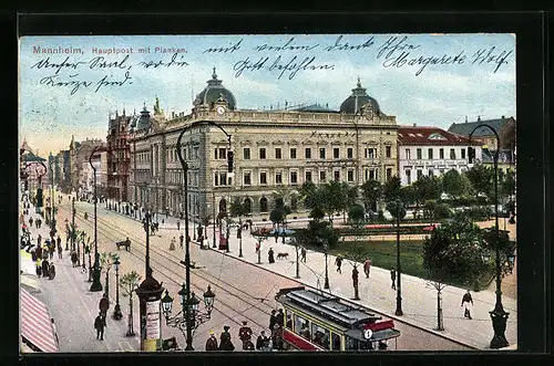 AK Mannheim, Hauptpost mit Planken und Strassenbahn