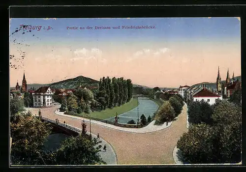 AK Freiburg i. Br., Partie an der Dreisau und Friedrichsbrücke