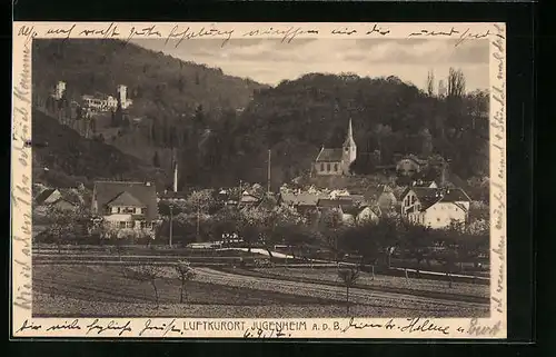 AK Jugenheim a. d. Bergstrasse, Ortspanorama mit der Kirche