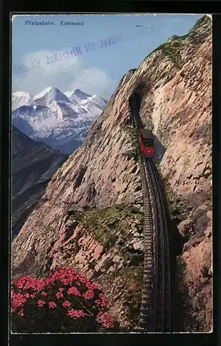 AK Pilatusbahn, an der Strecke der Bergbahn an der Eselwand mit den Berneralpen