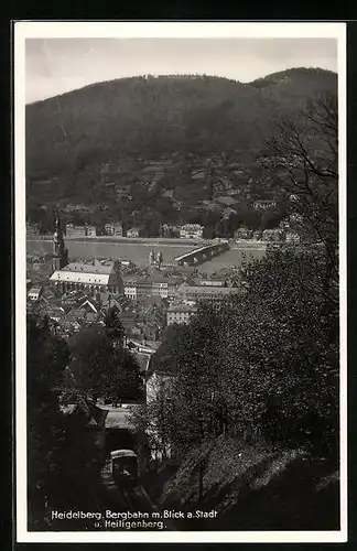 AK Heidelberg, Bergbahn mit Blick auf die Stadt und Heiligenberg