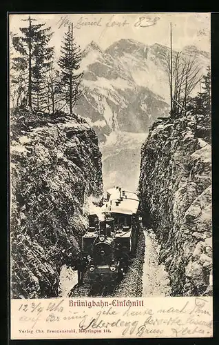 AK Brünigbahn, Bergbahn im Einschnitt, Alpenpanorama