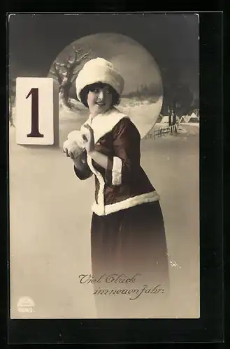 Foto-AK R & K / L: Frau im Schnee zum Neujahrestag