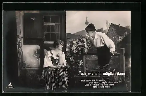 Foto-AK Photochemie Berlin Nr. 5189-3: Ach, wie ist's möglich dann, Liebespaar in Tracht vor einer Ortskulisse