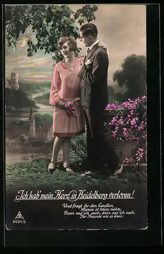 Foto-AK Photochemie Berlin Nr. 5634 /5: Ich hab mein Herz in Heidelberg verloren!, Liebespaar mit Stadtkulisse