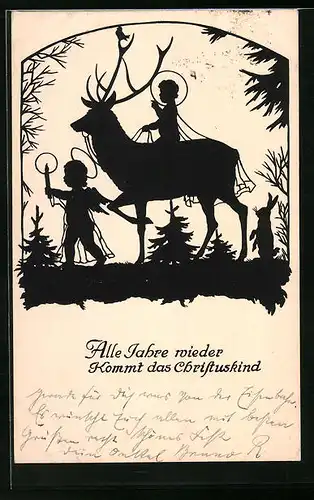 AK Scherenschnitt von C. Pflug, Alle Jahre wieder kommt das Christuskind, Weihnachtsengel und Elch