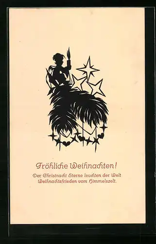 AK Scherenschnitt Fröhliche Weihnachten, Weihnachtsengel mit Kerze und Sternen auf einem Tannenzweig sitzend