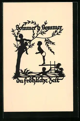 AK Scherenschnitt A. M. Schwindt Sommer, o Sommer, du fröhliche Zeit, Kinder baden am See