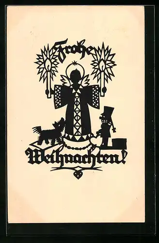 AK Scherenschnitt A. M. Schwindt Frohe Weihnachten, Weihnachtsengel mit Kerzen
