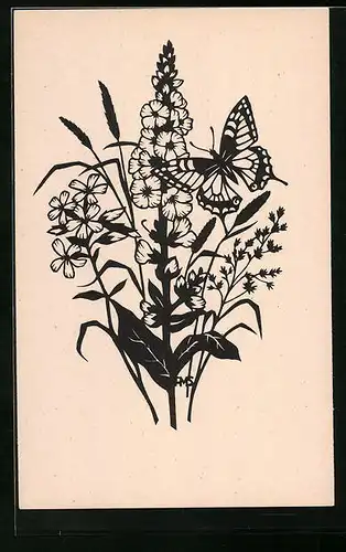 AK Scherenschnitt A. M. Schwindt, Schmetterling im Anflug auf einen Blütenstrauss