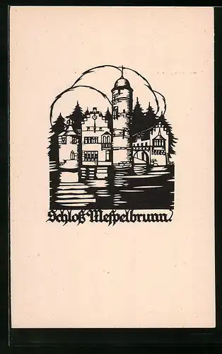 AK Scherenschnitt A. M. Schwindt, Schloss Mespelbrunn