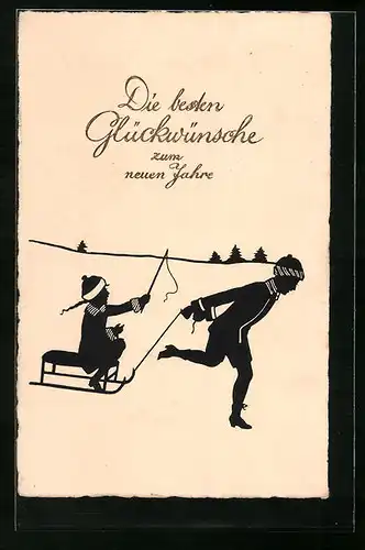 AK Scherenschnitt Glückwunsch zum neuen Jahr, Bube zieht ein Mädchen auf dem Schlitten