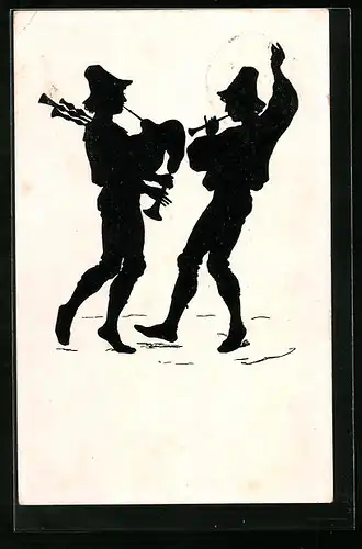 AK Zwei Jungen musizieren mit Dudelsack und Flöte, Scherenschnitt